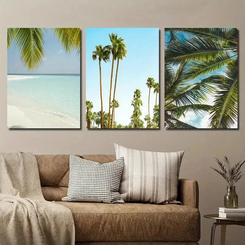 3pcs Tropical Palm Tree Beach Landscape Wall Art Set Canvas Framed 40x60cm - High Quality Print 100% Australian Made Wall Canvas Ready to Hang