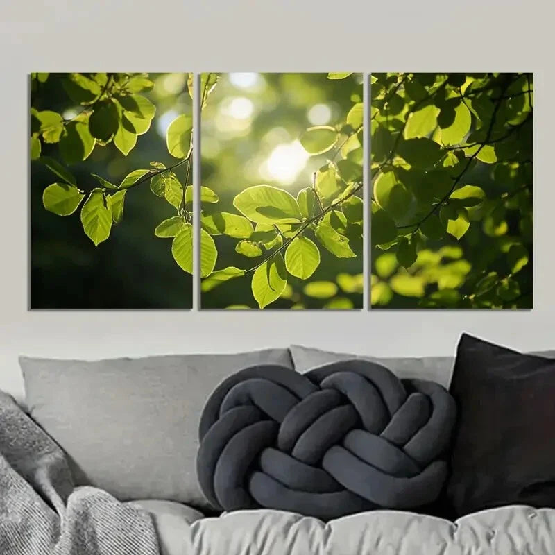 3pcs Vibrant Green Foliage with Golden Sunlight Wall Art Set Canvas Framed 40x60cm - High Quality Print 100% Australian Made Wall Canvas Ready to Hang