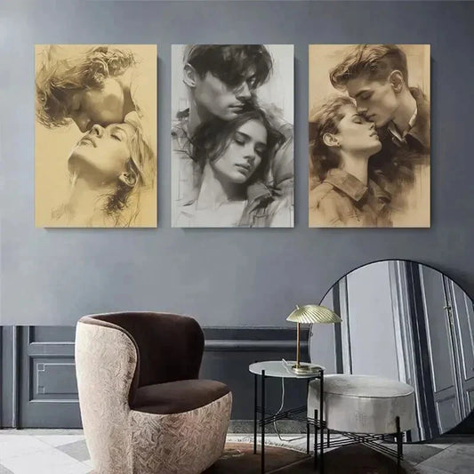 3pcs Romantic Couple Sketch Black and White Metal Print Ready to Hang Art