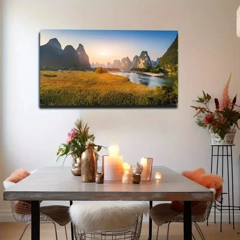 Mountain River Scene Wall Art Canvas Office Home Room Framed 120x60cm