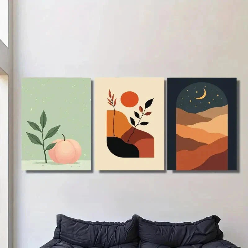 3pcs Modern Abstract Peach, Sunset, and Night Sky Metal Print Ready to Hang Art