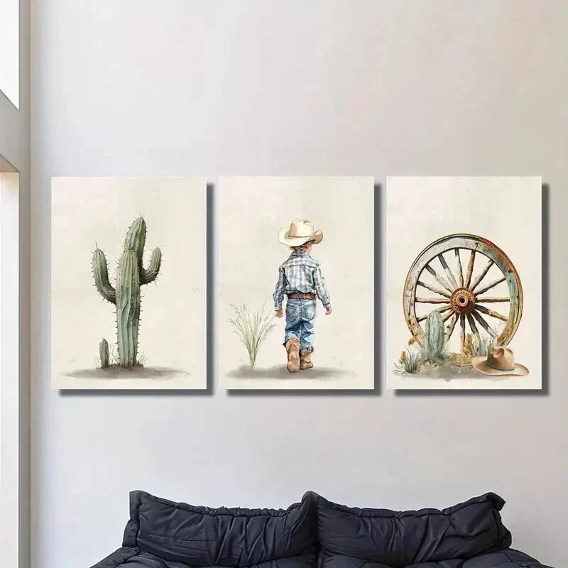 3pcs Green Cactus Cowboy Boy Desert Theme Wall Art Set Canvas Framed 40x60cm - High Quality Print 100% Australian Made Wall Canvas Ready to Hang