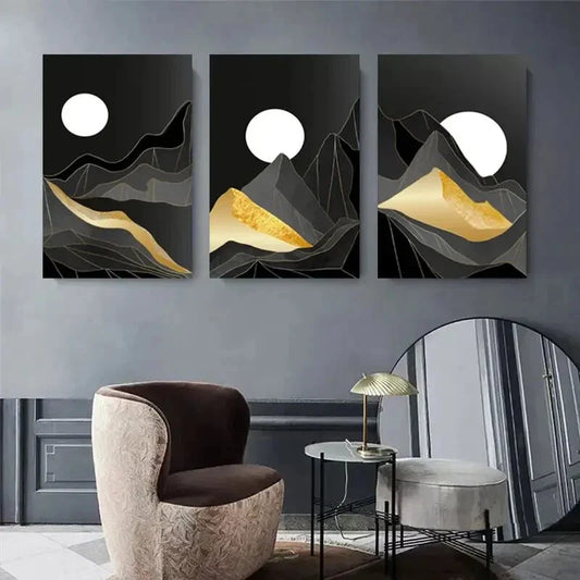 3pcs Black & Golden Mountain Design Metal Print Ready to Hang Art