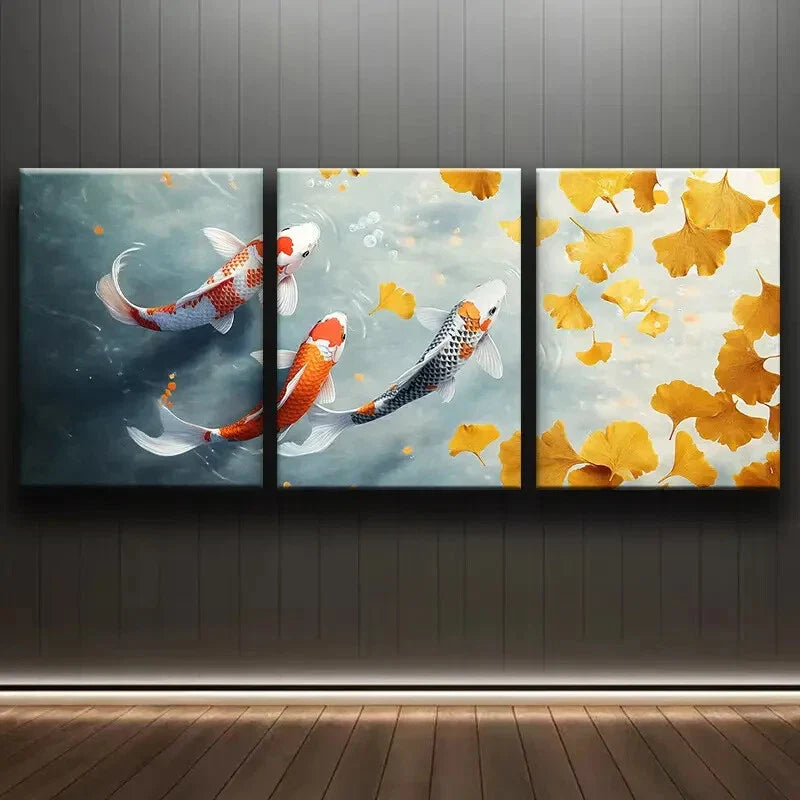 3pcs Watercolor Koi Fish and Fall Leaves Perfect Wall Art Set Canvas Framed 40x60cm - High Quality Print 100% Australian Made Wall Canvas Ready to Hang