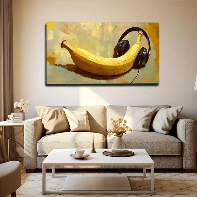Banana with Black Headphones Wall Art Canvas Office Home Room Framed 120x60cm