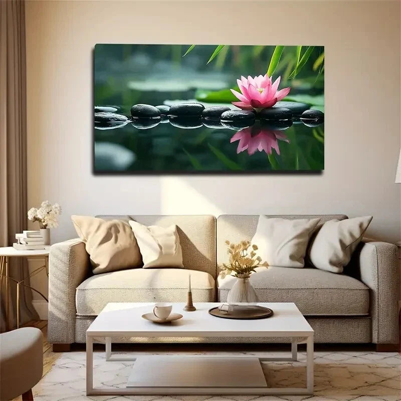 pink for lotus stones by stream wall art canvas office home room framed 120x60cm