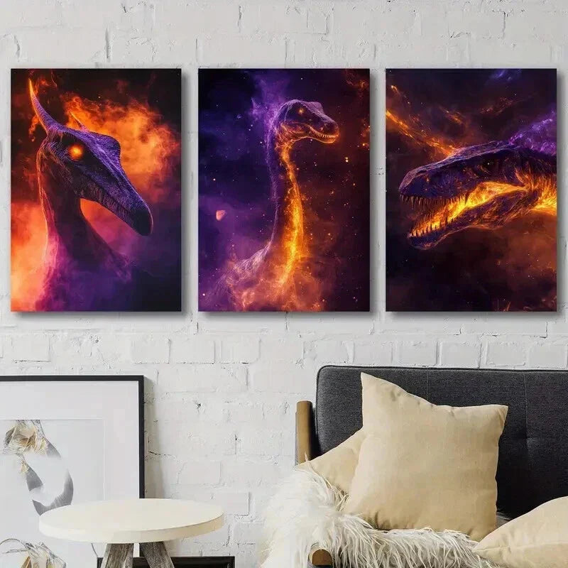 3pcs Jurassic Dinosaur with Vibrant Flame Wall Art Set Canvas Framed 40x60cm - High Quality Print 100% Australian Made Wall Canvas Ready to Hang