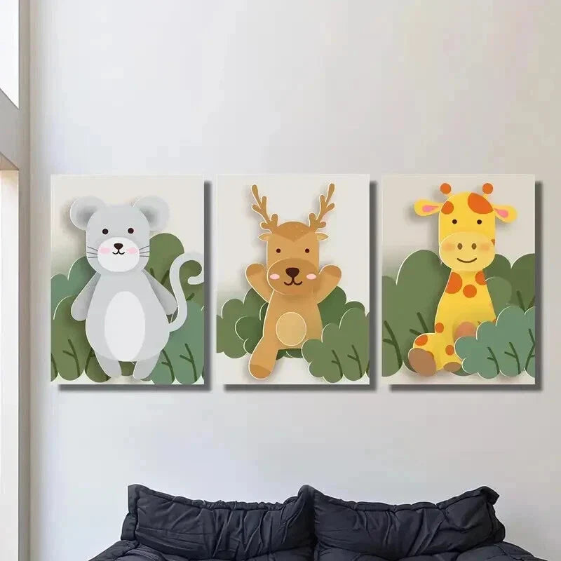 3pcs Mouse Deer Giraffe in Playful Forest Scene Wall Art Set Canvas Framed 40x60cm - High Quality Print 100% Australian Made Wall Canvas Ready to Hang
