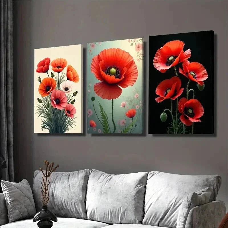 3pcs Vibrant Red Poppy Flower Red Wall Art Set Canvas Framed 40x60cm - High Quality Print 100% Australian Made Wall Canvas Ready to Hang