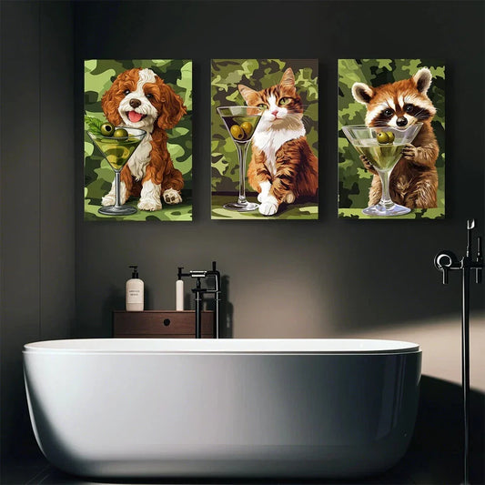 3pcs Fashionable Animal And Wine Glass Design Metal Print Ready to Hang Art