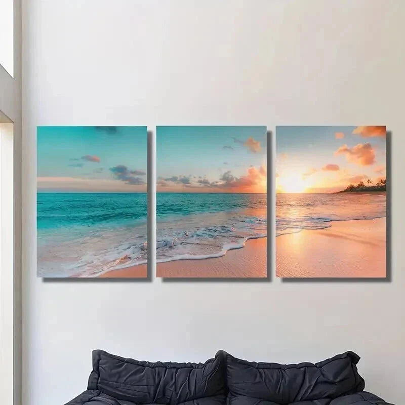 3pcs Sunrise Coast Beach Blue Sea Scenery Wall Art Set Canvas Framed 40x60cm - High Quality Print 100% Australian Made Wall Canvas Ready to Hang