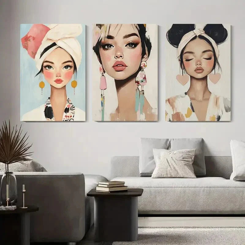 3pcs Stylish Women with Headbands & Earrings Metal Print Ready to Hang Art