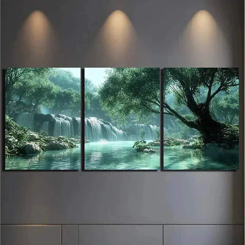 3pcs Green Trees and Clear Water Decoration Wall Art Set Canvas Framed 40x60cm - High Quality Print 100% Australian Made Wall Canvas Ready to Hang