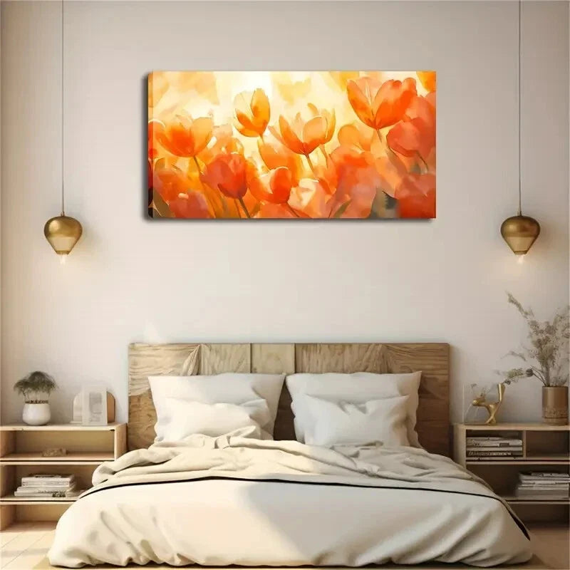 Group Of Orange Tulips Sunlight Wall Art Canvas Office Home Room Framed 120x60cm