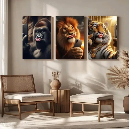 3pcs Funny Animals Dressed in Fancy Metal Print Ready to Hang Art