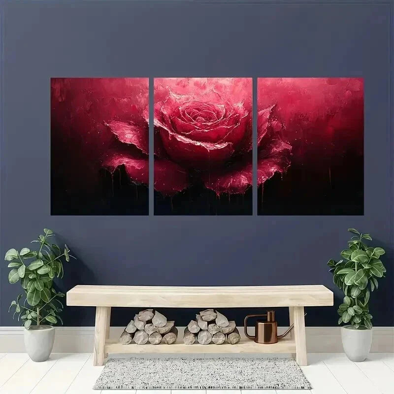 3pcs Dark Red Rose with Dripping Paint Wall Art Set Canvas Framed 40x60cm - High Quality Print 100% Australian Made Wall Canvas Ready to Hang