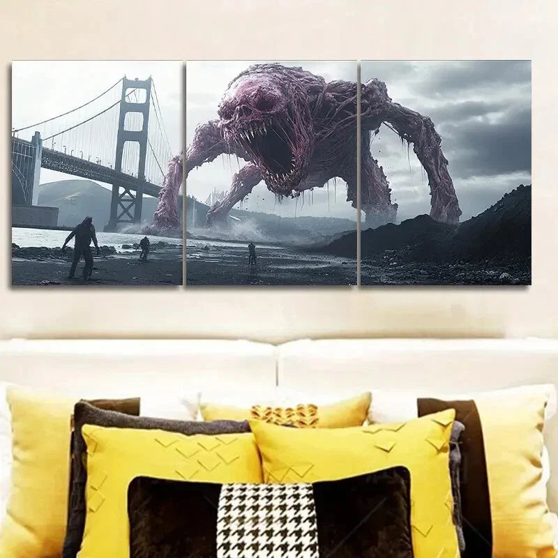 3pcs Alien Creature & Bridge Scene Metal Print Ready to Hang Art