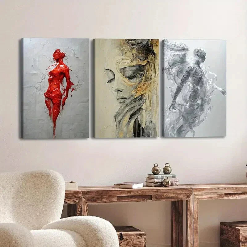 3pcs Abstract Figure Gold Gray Red Ladies White Wall Art Set Canvas Framed 40x60cm - High Quality Print 100% Australian Made Wall Canvas Ready to Hang