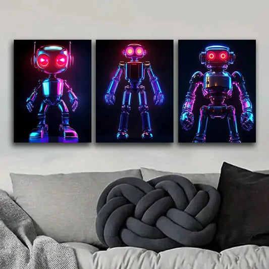 3pcs Modern Neon Robot Design Metal Print Ready to Hang Art
