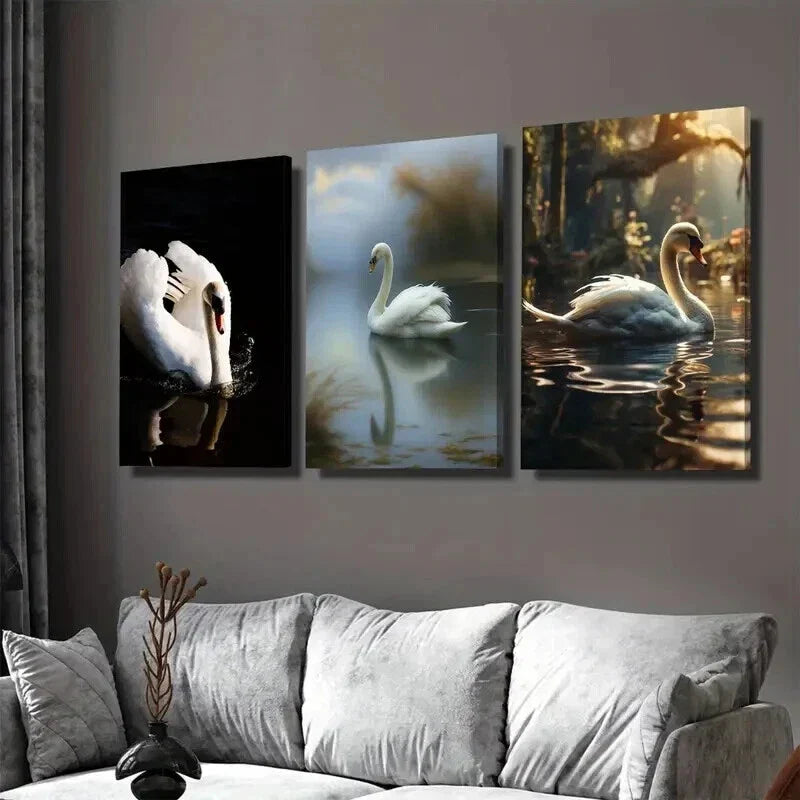 3pcs Elegant White Swans in Serene Water Scenes Wall Art Set Canvas Framed 40x60cm - High Quality Print 100% Australian Made Wall Canvas Ready to Hang