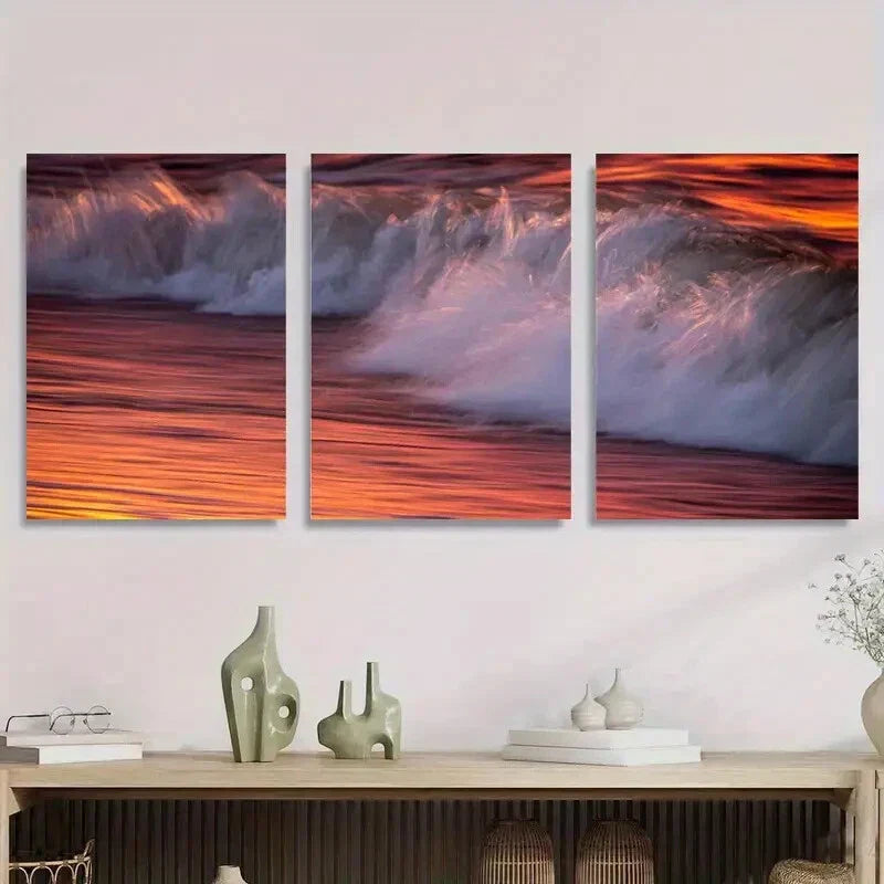 3pcs Vibrant Sunset Over the Sea Metal Print Ready to Hang Art
