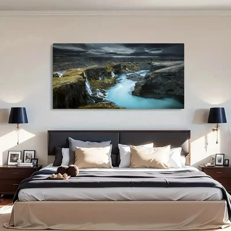 Serene Waterfall Scenery Black Wall Art Canvas Office Home Room Framed 120x60cm