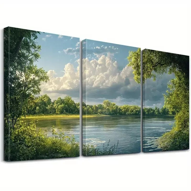 3pcs Serene River & Clouds And Green Nature Wall Art Set Canvas Framed 40x60cm - High Quality Print 100% Australian Made Wall Canvas Ready to Hang