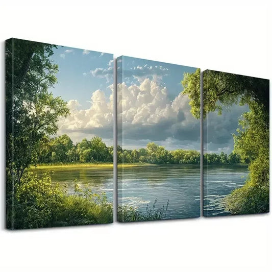 3pcs Serene River & Clouds And Green Nature Wall Art Set Canvas Framed 40x60cm - High Quality Print 100% Australian Made Wall Canvas Ready to Hang