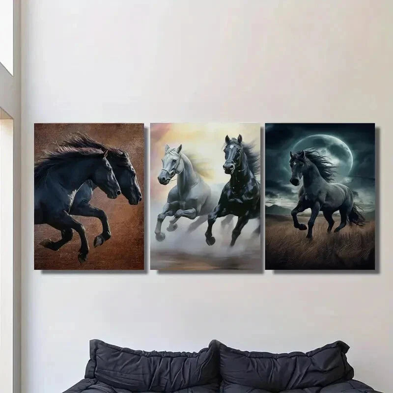 3pcs Galloping Horses Modern Metal Print Ready to Hang Art