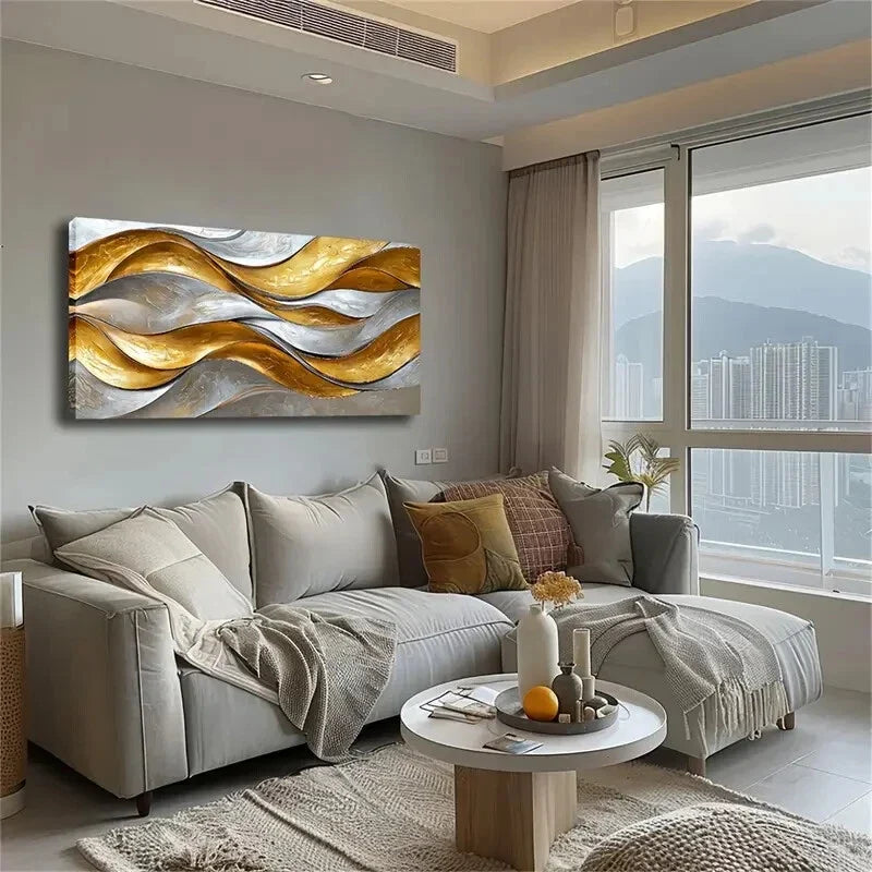 Brown Waves Golden Abstract Wall Art Canvas Office Home Room Framed 80x45cm