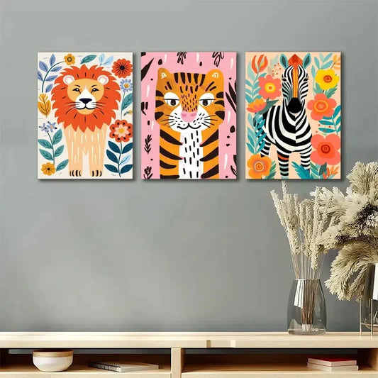 3pcs Cute Animals Modern Unique Painting Metal Print Ready to Hang Art
