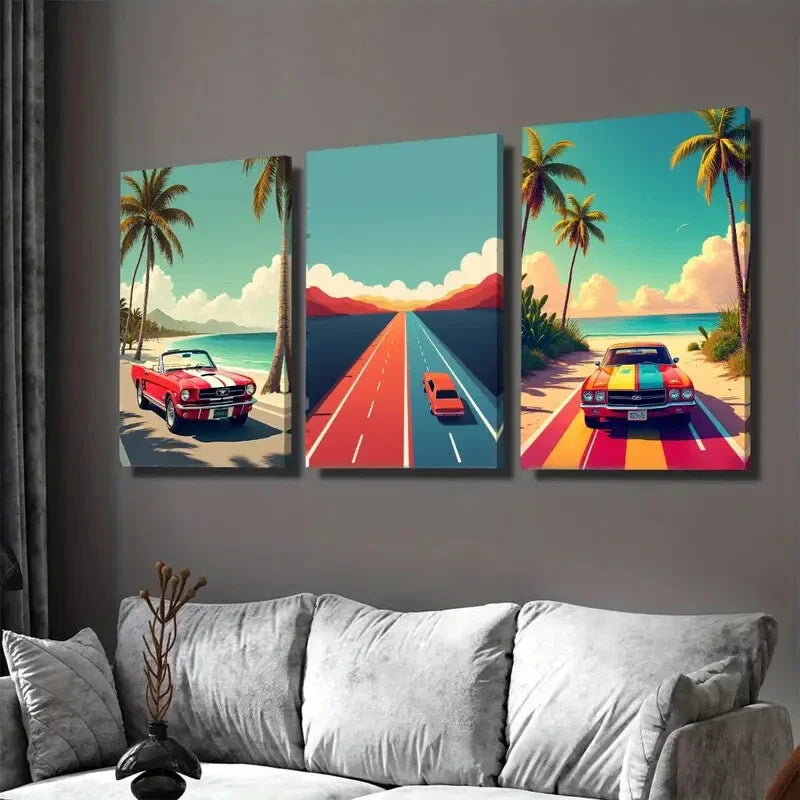 3pcs Vintage Car Coastal Road Beach Palm Trees Wall Art Set Canvas Framed 40x60cm - High Quality Print 100% Australian Made Wall Canvas Ready to Hang