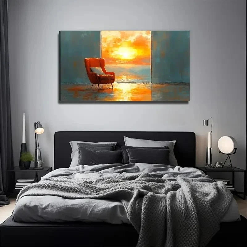 Golden Sunset Red Chair Wall Art Canvas Office Home Room Framed 80x45cm