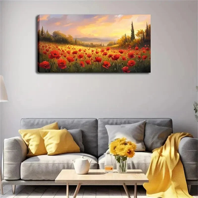 Blooming Red Poppies Field Wall Art Canvas Office Home Room Framed 120x60cm
