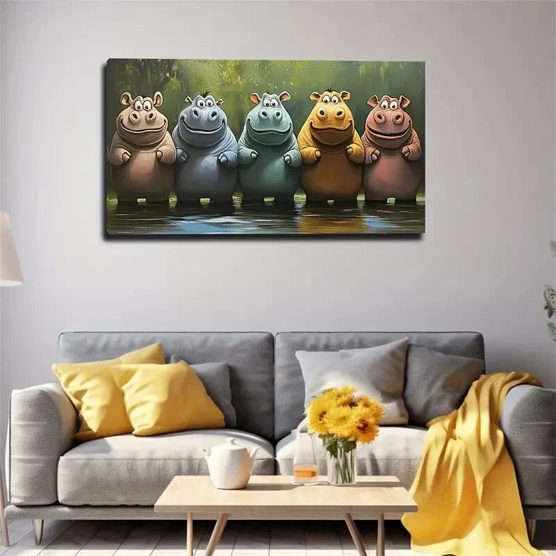 Modern Hippo Poolside Wall Art Canvas Office Home Room Framed 120x60cm