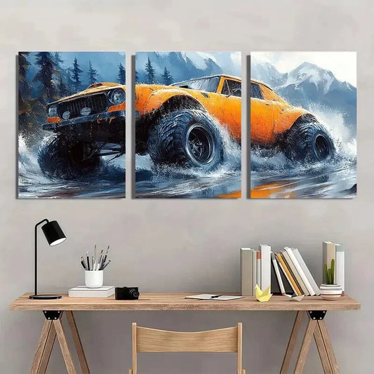 3pcs Vibrant Watercolor Monster Car Theme Metal Print Ready to Hang Art