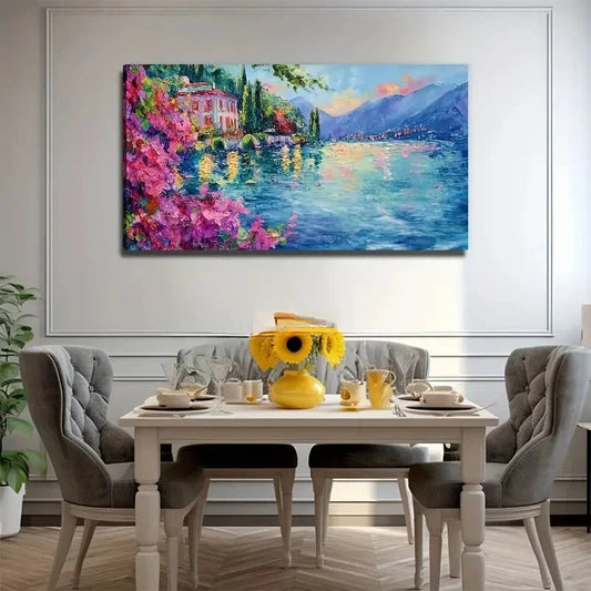 Vibrant Red Flower & Lake Scene Wall Art Canvas Office Home Room Framed 120x60cm