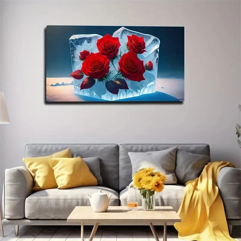 Frozen Roses Deep Red Abstract Wall Art Canvas Office Home Room Framed 120x60cm