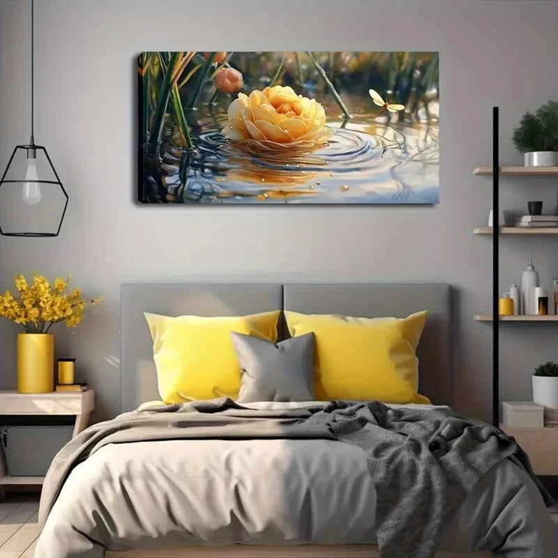 Yellow Rose Floating on Water Wall Art Canvas Office Home Room Framed 80x45cm