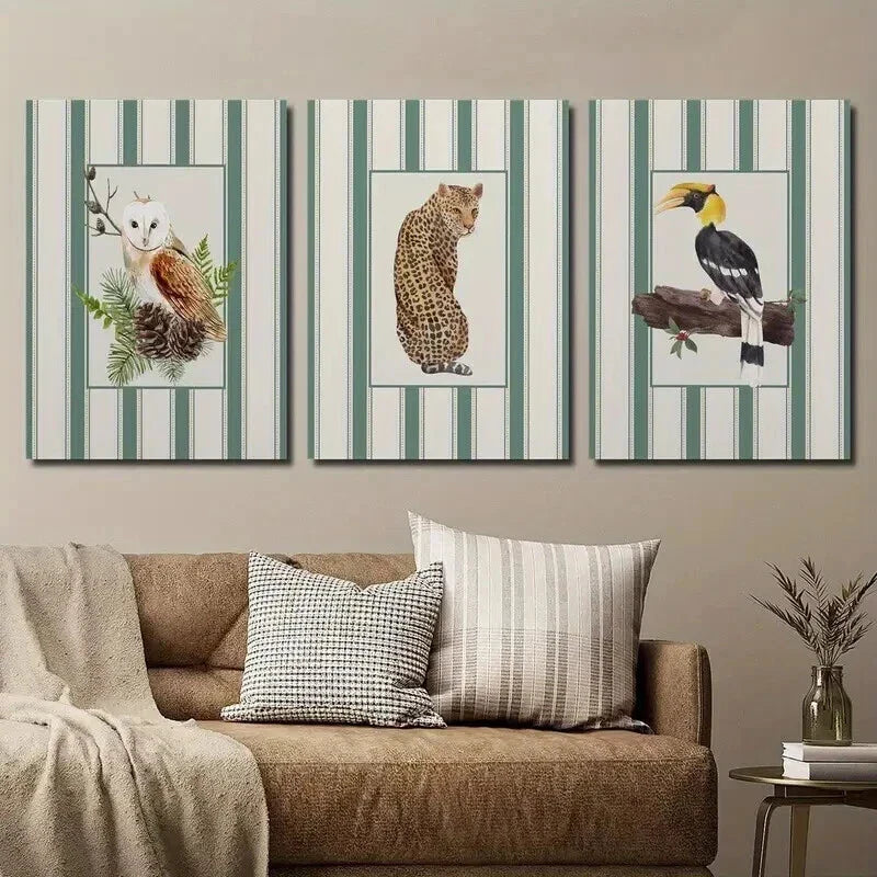 3pcs Whimsical Vintage Crow Owl & Cheetah Wall Art Set Canvas Framed 40x60cm - High Quality Print 100% Australian Made Wall Canvas Ready to Hang
