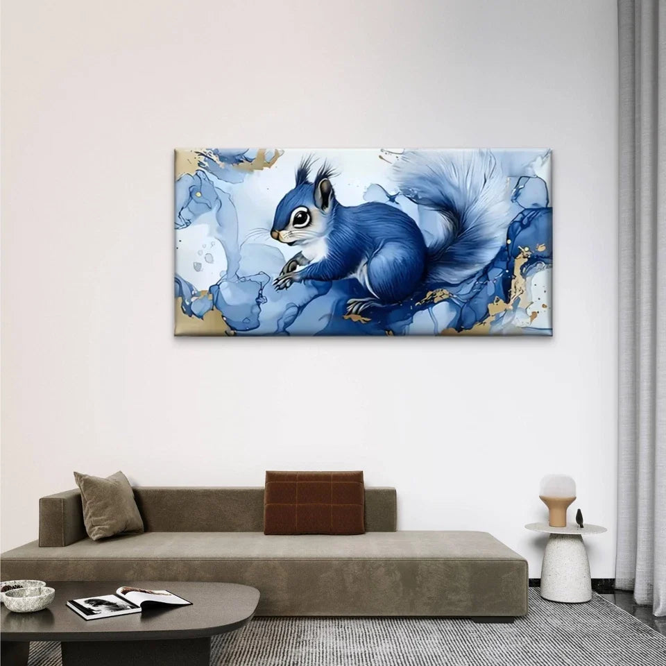 Squirrel Blue Golden Abstract Wall Art Canvas Office Home Room Framed 120x60cm