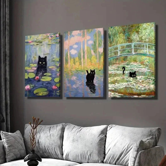 3pcs Depicting Water Lilies And a Black Cat Wall Art Set Canvas Framed 40x60cm - High Quality Print 100% Australian Made Wall Canvas Ready to Hang