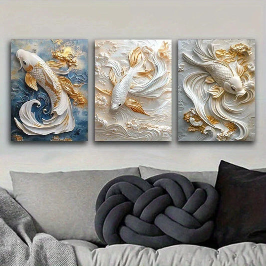 3pcs Goldfish in The Water Luxurious Textured Metal Print Ready to Hang Art