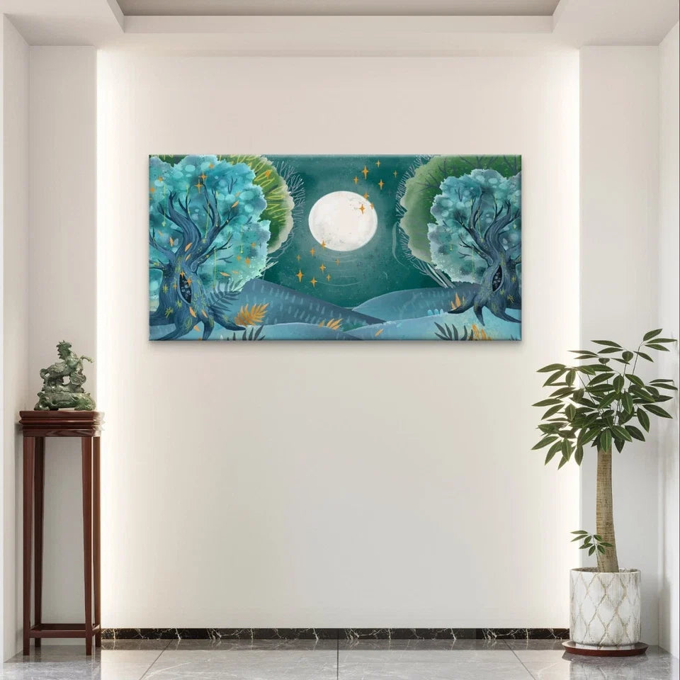 Magical Forest with Full Moon Wall Art Canvas Office Home Framed 80x45cm