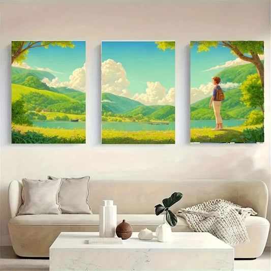 3pcs A Painting of a Sunset Over Metal Print Ready to Hang Art