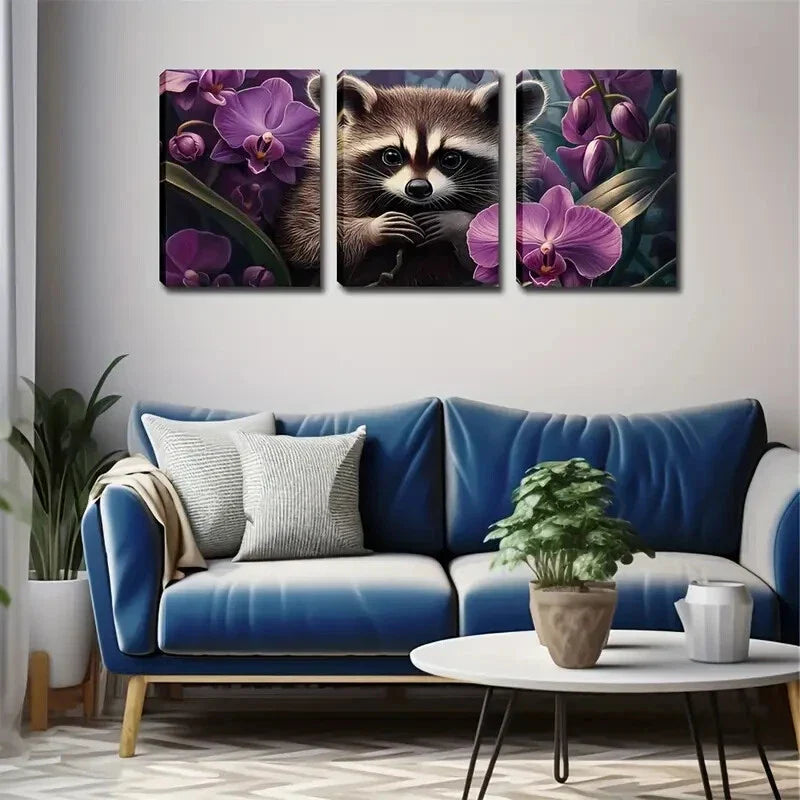 3pcs Raccoon & Orchid Dreamy Landscape Wall Art Set Canvas Framed 40x60cm - High Quality Print 100% Australian Made Wall Canvas Ready to Hang