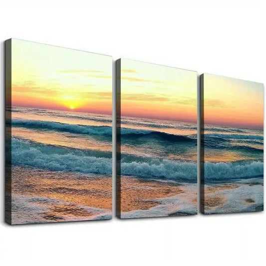 3pcs Elegant Ocean Sunrise View above Sea Waves Wall Art Set Canvas Framed 40x60cm - High Quality Print 100% Australian Made Wall Canvas Ready to Hang