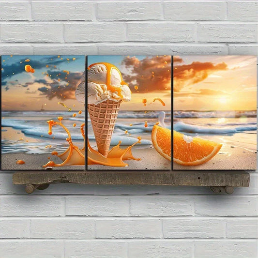 3pcs Vibrant Ice Cream and Citrus Beach Scene Metal Print Ready to Hang Art