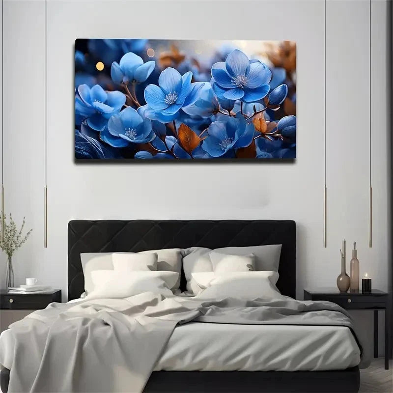 Light Blue Floral Wall Art Canvas Office Home Room Framed 80x45cm