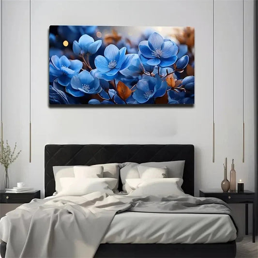 Light Blue Floral Wall Art Canvas Office Home Room Framed 80x45cm